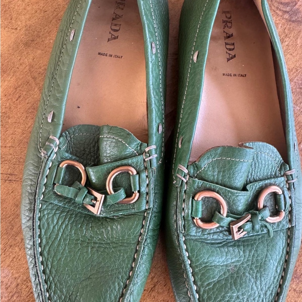 Prada Women's Green Leather Loafers 9.5 - Picture 7 of 11